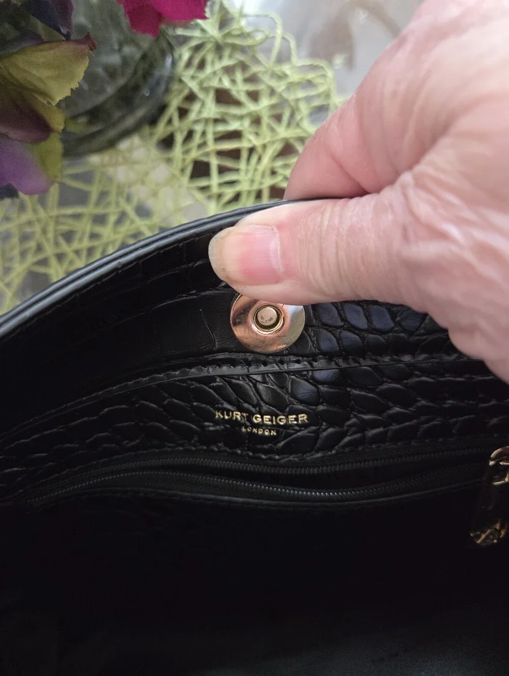 Kurt Geiger Black Croc-Embossed Satchel with Gold Hardware